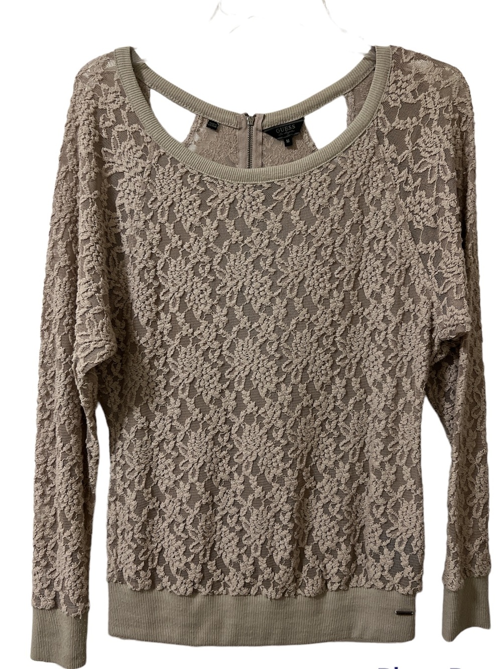 GUESS Lace Long Sleeve Top Taupe Cutout Zipper Back Blouse Medium
